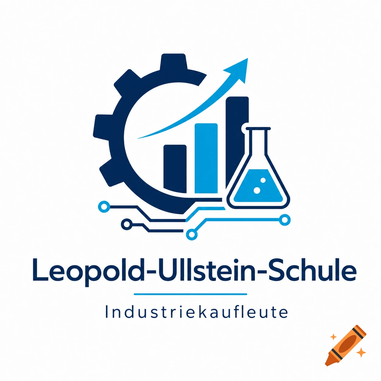 Modern vector logo for Leopold-Ullstein-Schule, featuring a gear, bar charts, circuit lines, and a chemical flask in blue and white.