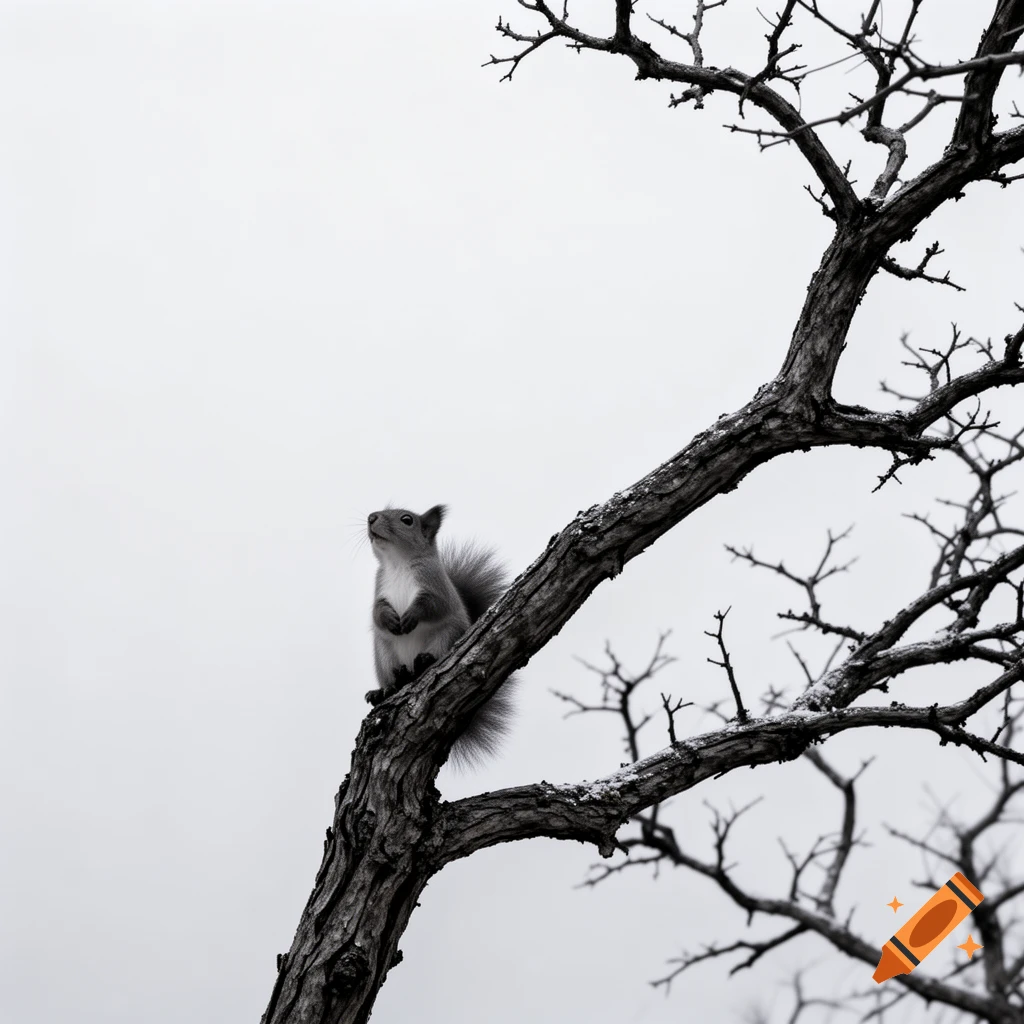 A black and white squirrel sits on a bare tree branch, looking up, against a plain white background in a minimalist style.
