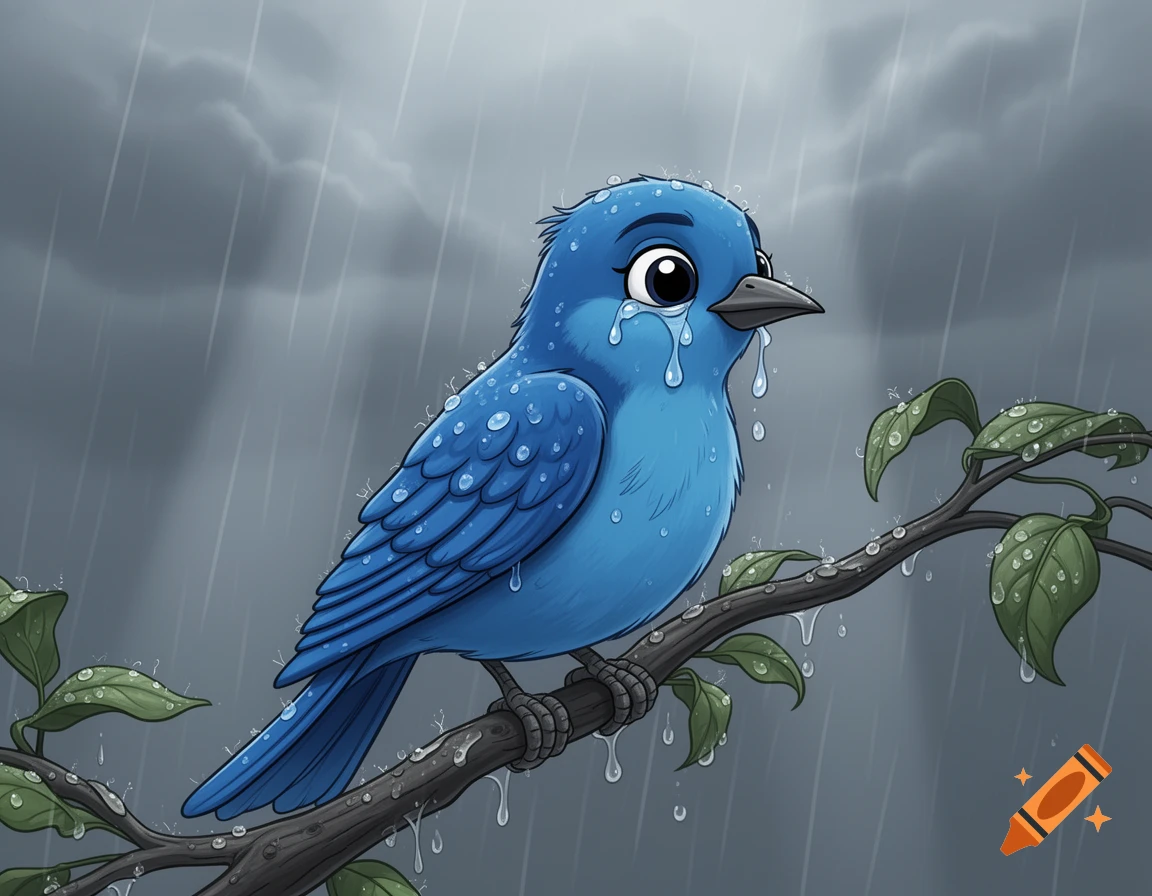 Cartoon blue bird crying while perched on a branch in the rain under a gloomy sky.