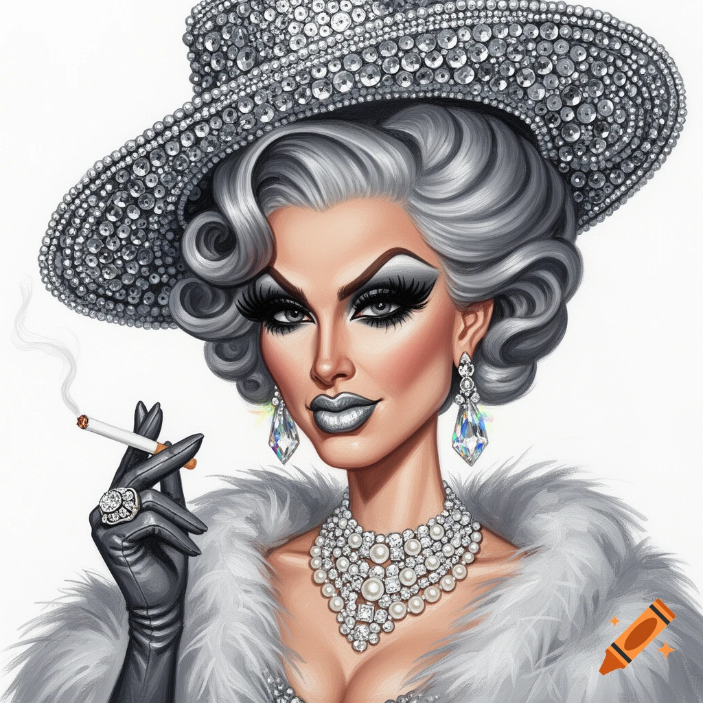 A glamorous caricature of a drag queen with dramatic makeup, silver hair, an ornate beaded hat, pearl necklace, fur, and a gloved hand holding a cigarette.
