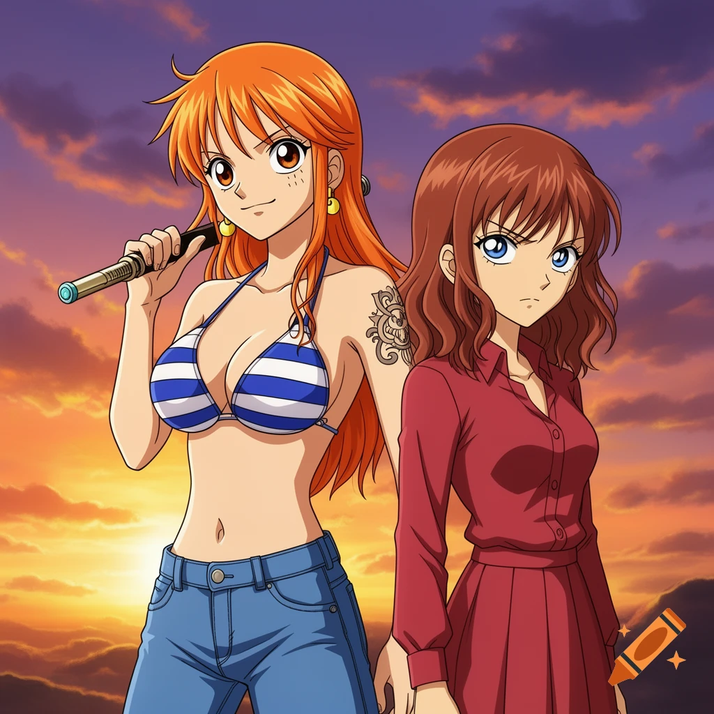 An anime illustration of Nami from One Piece in a bikini top and jeans, holding a staff, standing next to Ai Haibara from Detective Conan in a red dress, against a sunset sky.