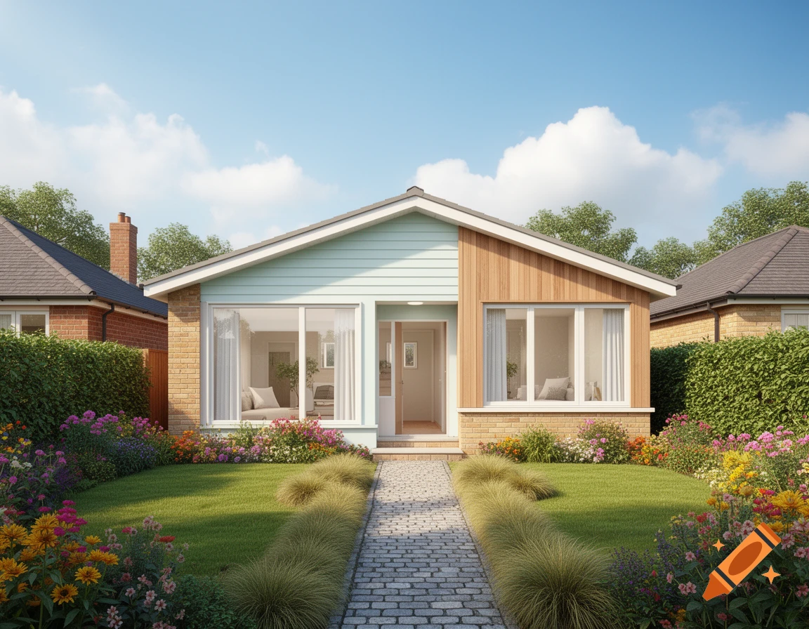 Photorealistic image of a modern bungalow house with light blue and wood siding, a green lawn, and a colorful garden path.