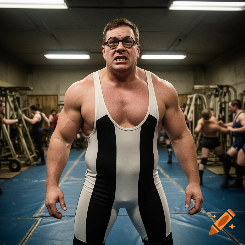 Photorealistic image of a muscular Bluto-like wrestler with thick glasses and crooked teeth, scowling in a gym.