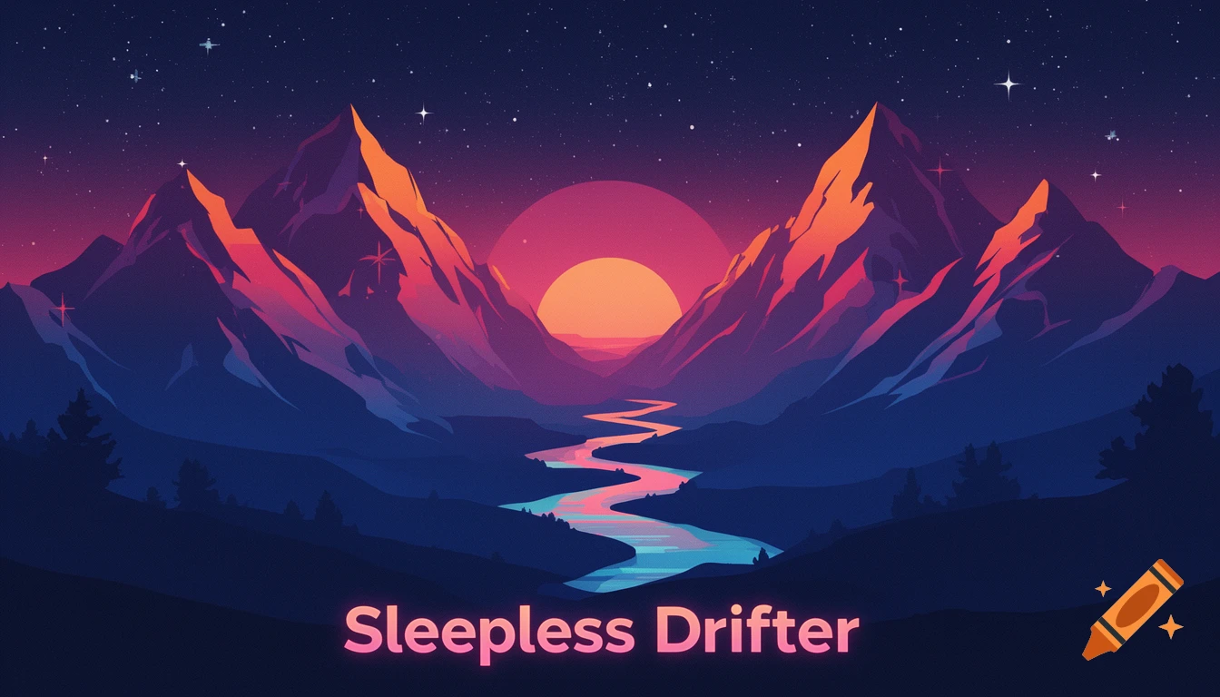 Retrowave landscape with vibrant mountains, a river, a setting sun, and a starry sky. Text reads 'Sleepless Drifter'.