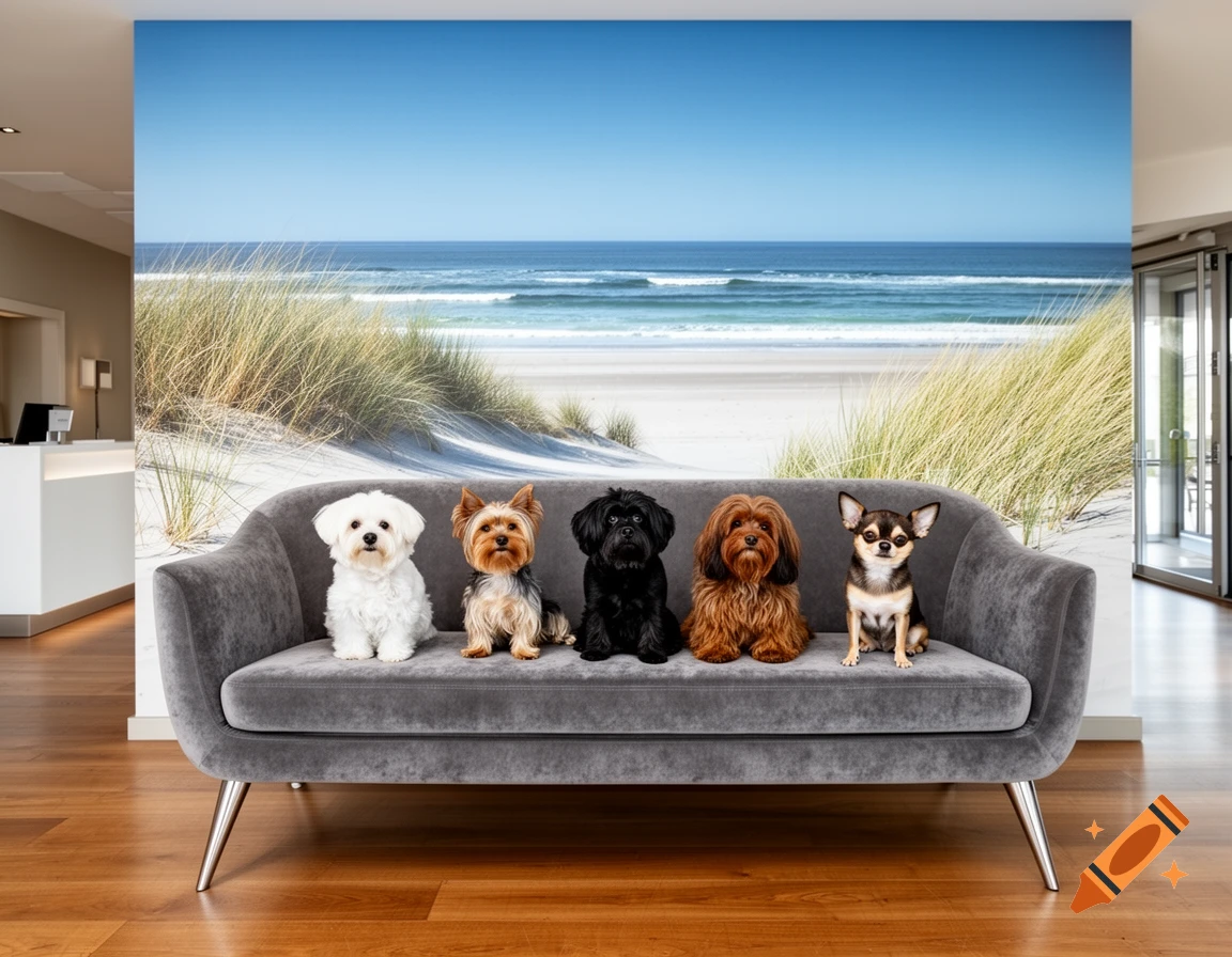 Five small dogs sit neatly on a grey velvet sofa in a modern hotel lobby with a large beach mural background.