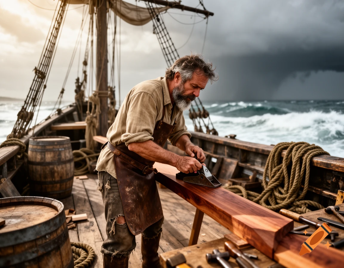 A bearded carpenter planes a wooden beam on the deck of an old sailing ship during a stormy day, with rough seas and dark clouds.