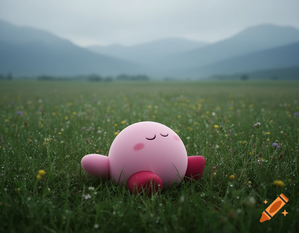 A pink, spherical Kirby with closed eyes rests in a dewy green field with wildflowers and misty mountains in the background.