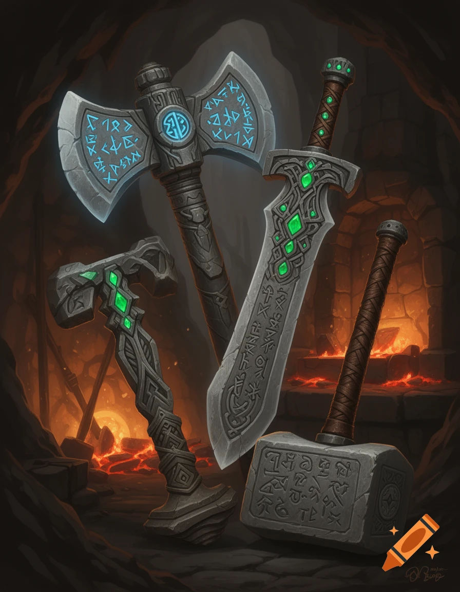 An axe, a sword, and two hammers, all made of stone with intricate carvings and glowing green/blue accents, are displayed in a dark forge setting with molten lava in the background. The weapons have pseudo-runic engravings.