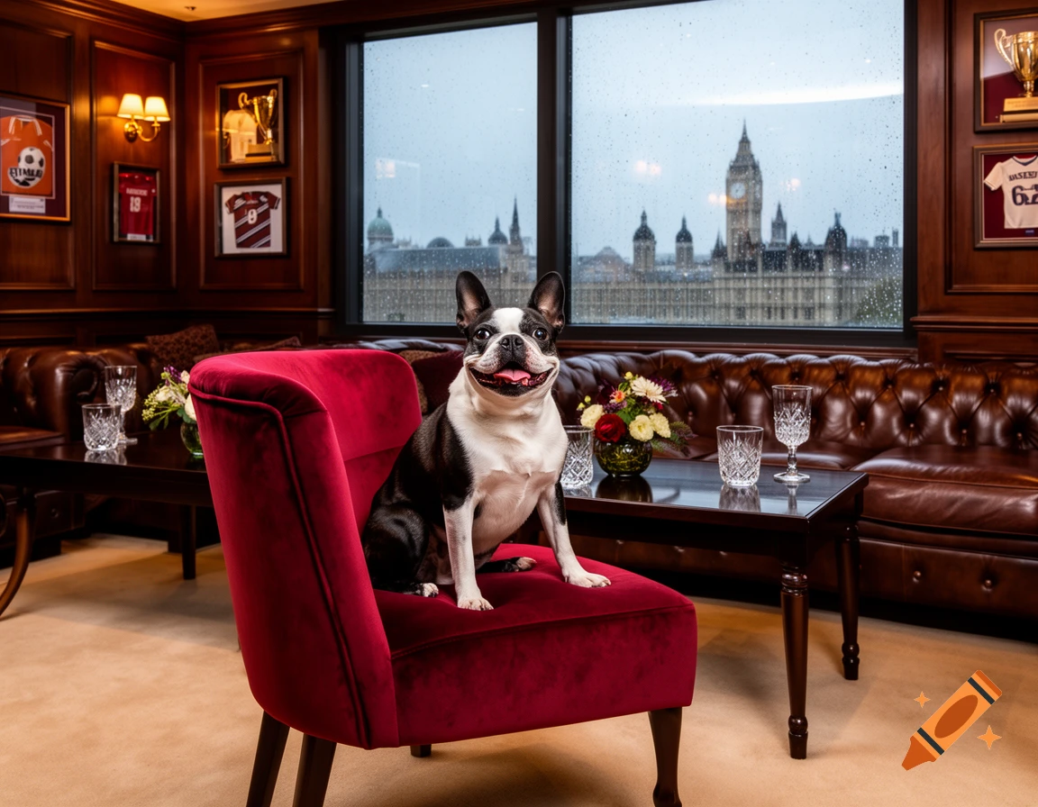 A happy Boston terrier sits on a red velvet chair in a luxurious wood-paneled room, overlooking a rainy London cityscape with Big Ben visible.