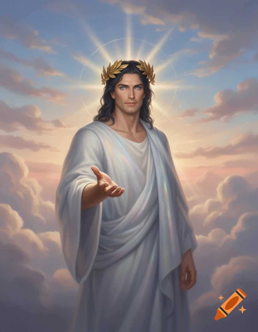 Illustrative portrait of a handsome man with long dark hair, a golden laurel crown, and a halo, extending a hand, wearing white robes against a cloudy sky.