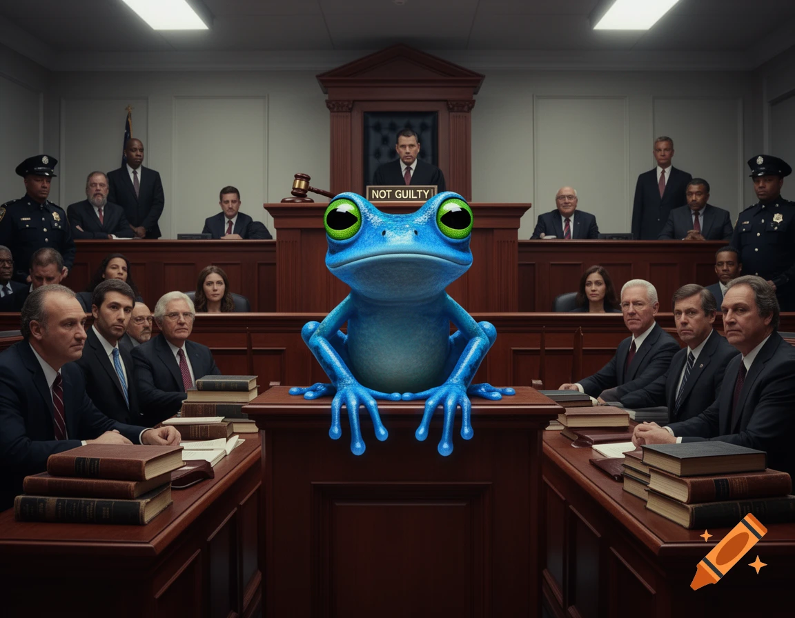 A blue cartoon frog with large green eyes stands on a witness stand in a formal courtroom, surrounded by human lawyers and officials, with 'NOT GUILTY' text visible.