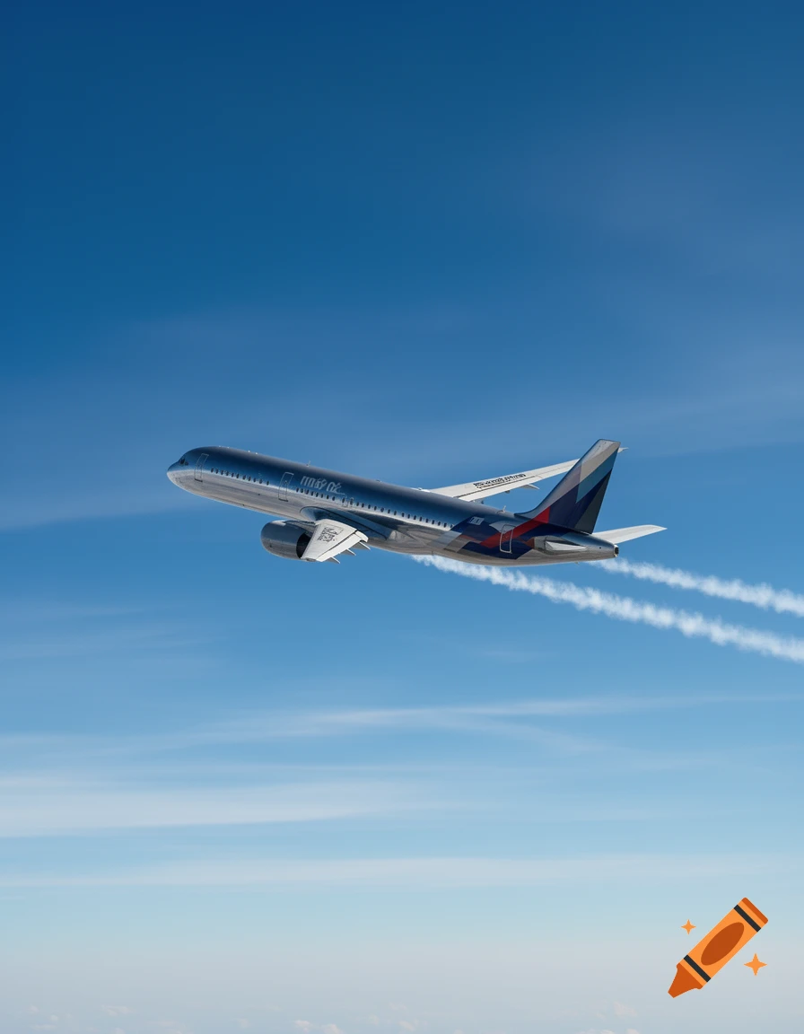 A silver airplane with dark blue and red tail markings flies across a clear blue sky, leaving white contrails.