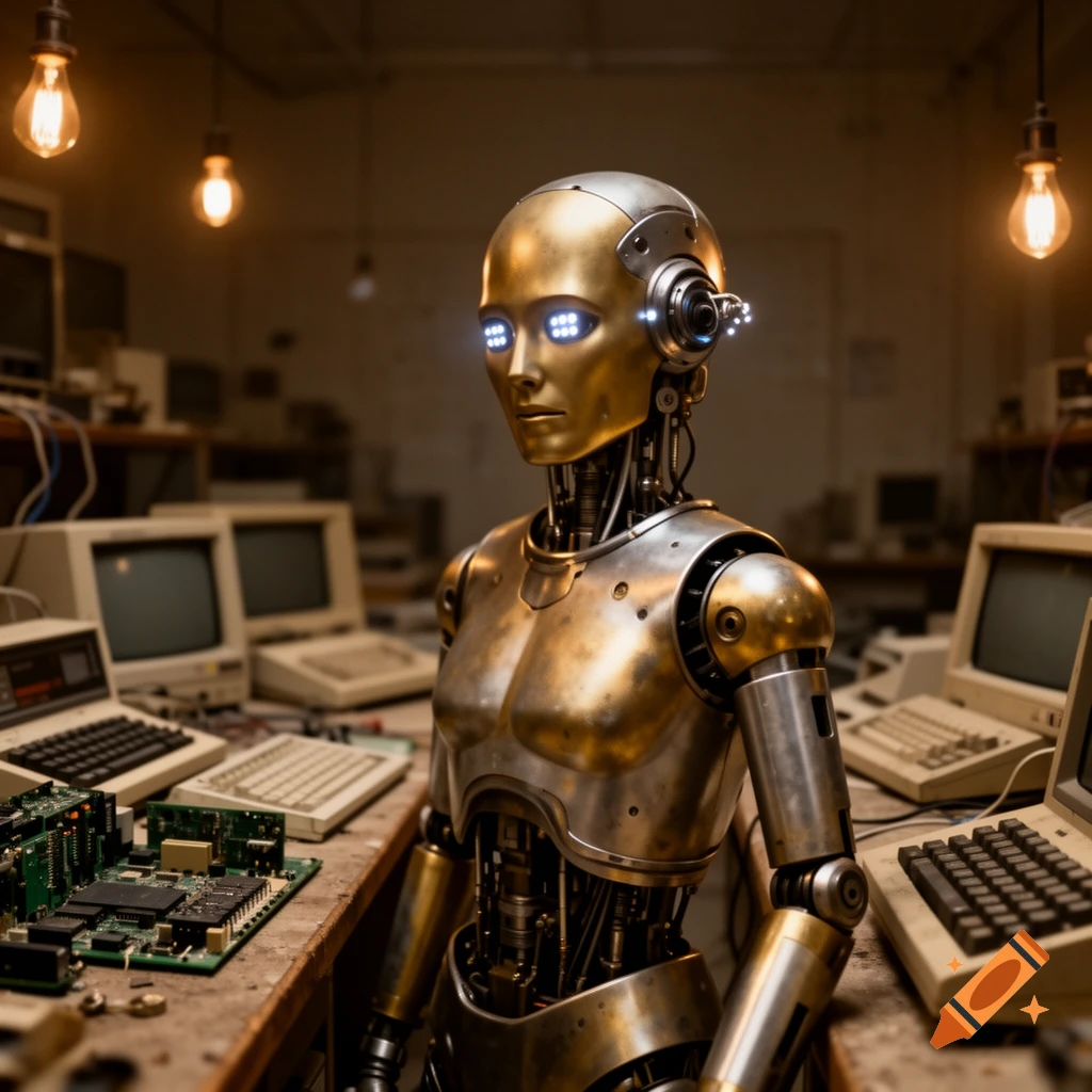 A gold and silver humanoid robot with glowing blue eyes stands in a dimly lit workshop surrounded by vintage computers and circuit boards.