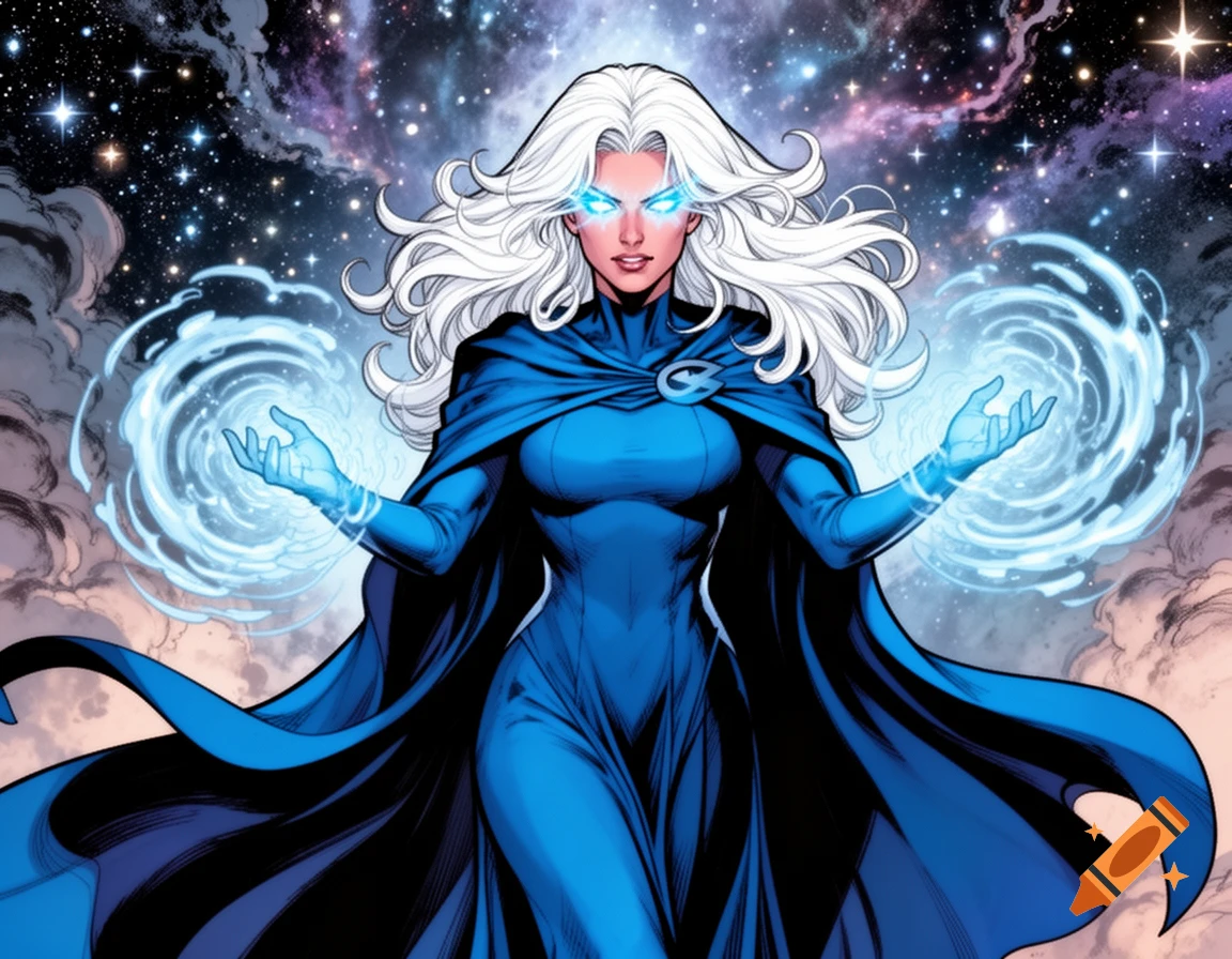 A white-haired superhero in a blue suit and cape, with glowing blue eyes and hands, radiating psychic energy against a starry cosmic background in comic book art.