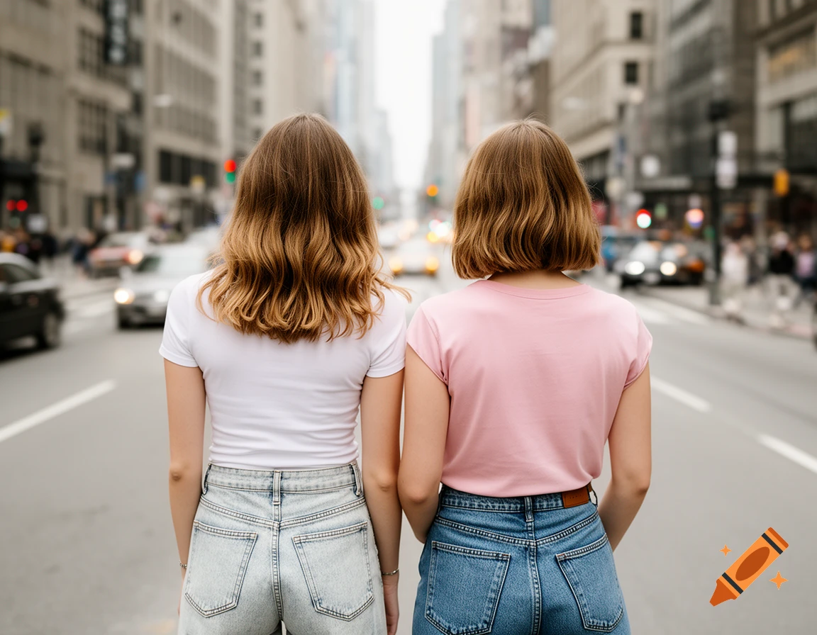 Two women from behind with brown hair, one in a white t-shirt and light jeans, the other in a pink t-shirt and blue jeans, standing on a city street.