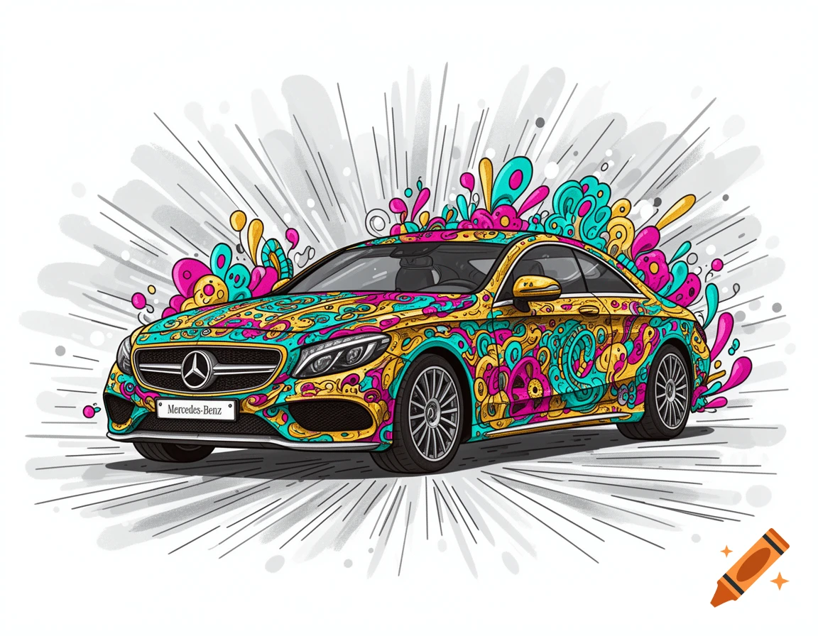 A stylized Mercedes-Benz car covered in vibrant pink, teal, and yellow doodle patterns, with abstract splashes behind it on white.