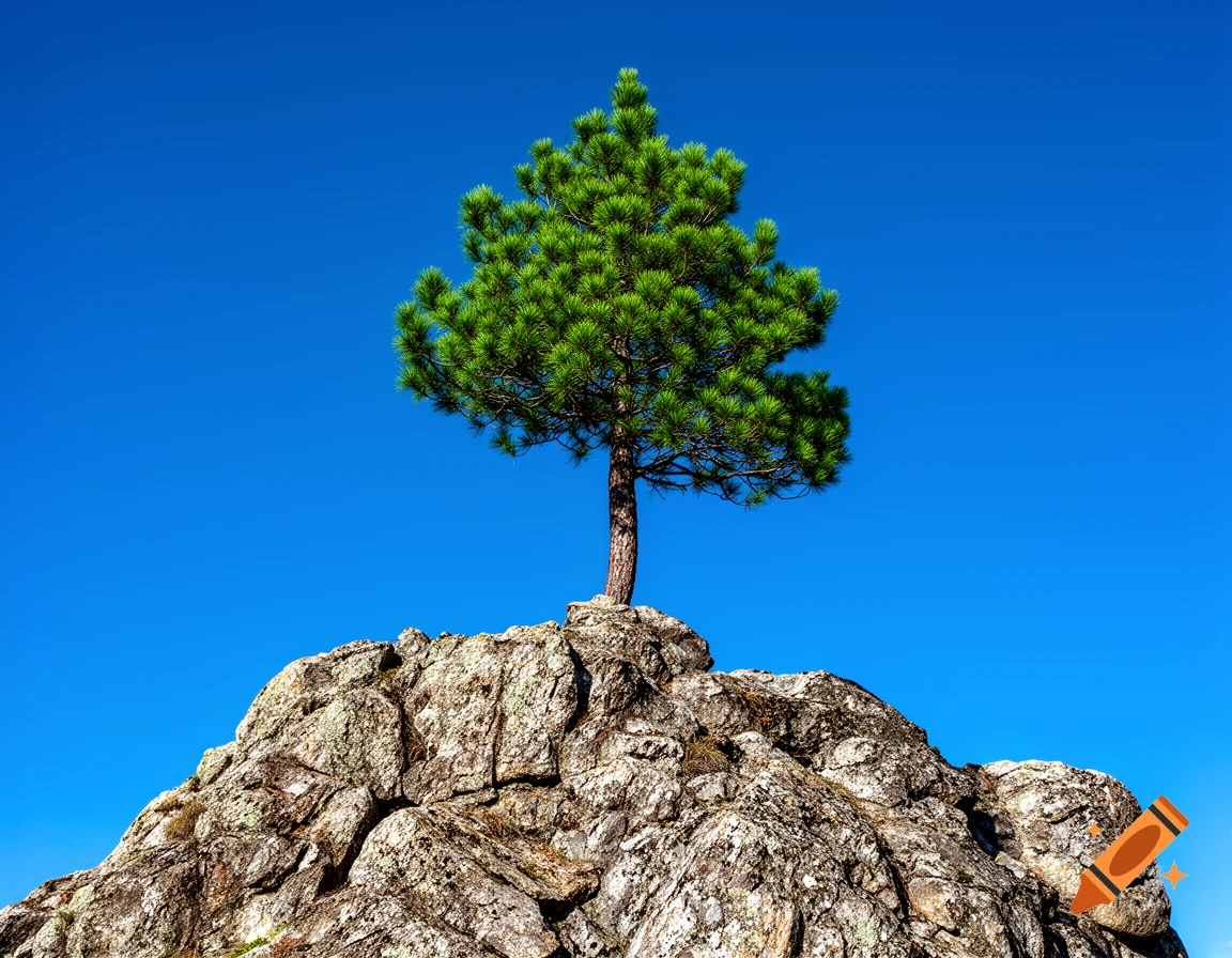 A single green pine tree stands atop a rugged, rocky peak against a clear, vibrant blue sky.