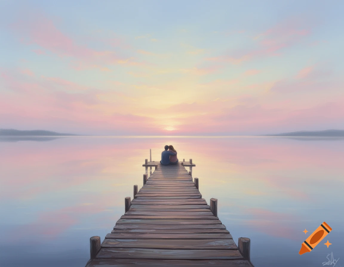 A couple embraces on a wooden dock overlooking a serene lake with a pastel pink and blue sunset reflected on the water, in a painting style.