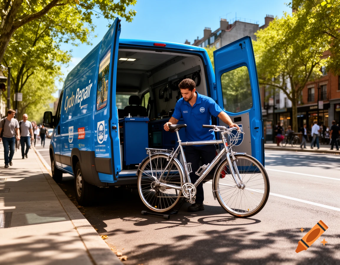 A man in a blue uniform takes a silver bicycle out of a blue repair van parked on a sunny city street.