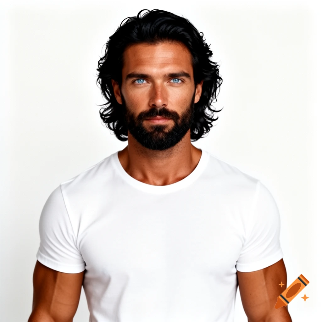 Photorealistic portrait of a handsome man with dark wavy hair, a beard, and blue eyes, wearing a white t-shirt, against a white background.