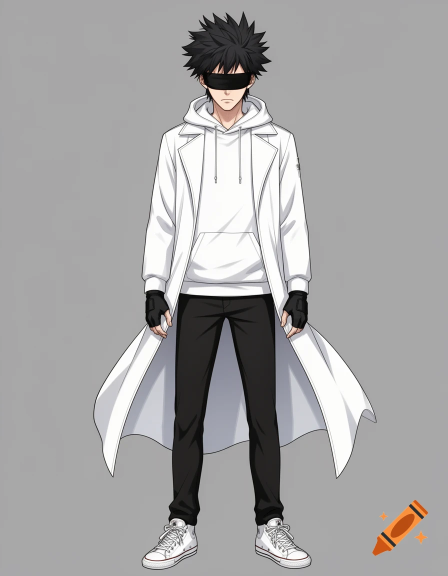 Full body anime portrait of a man with spiky black hair, wearing a white hoodie, a white trench coat, black blindfold, black pants, white Converse shoes, and black fingerless gloves, on a gray background.