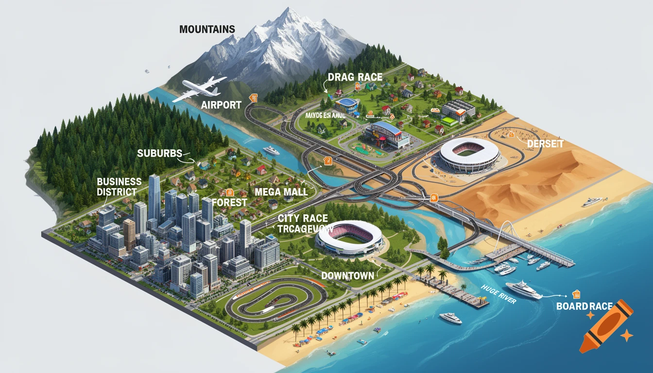 An isometric illustration of a diverse city map, featuring a business district, suburbs, forests, mountains, an airport, a river, a beach with a boardwalk, and various race tracks, labeled with text.