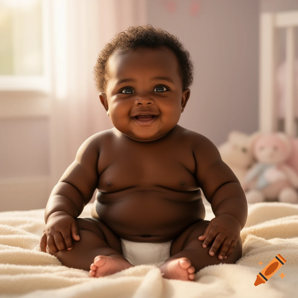 A happy, dark-skinned baby with curly hair sits on a cream blanket, smiling broadly in a bright room.