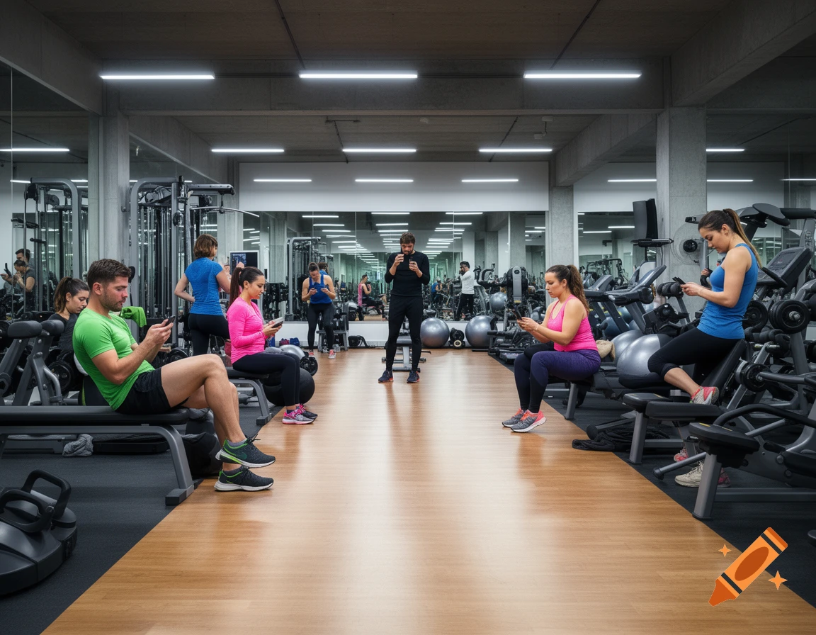 A spacious, well-lit gym with several people, both male and female, looking at their phones instead of working out.
