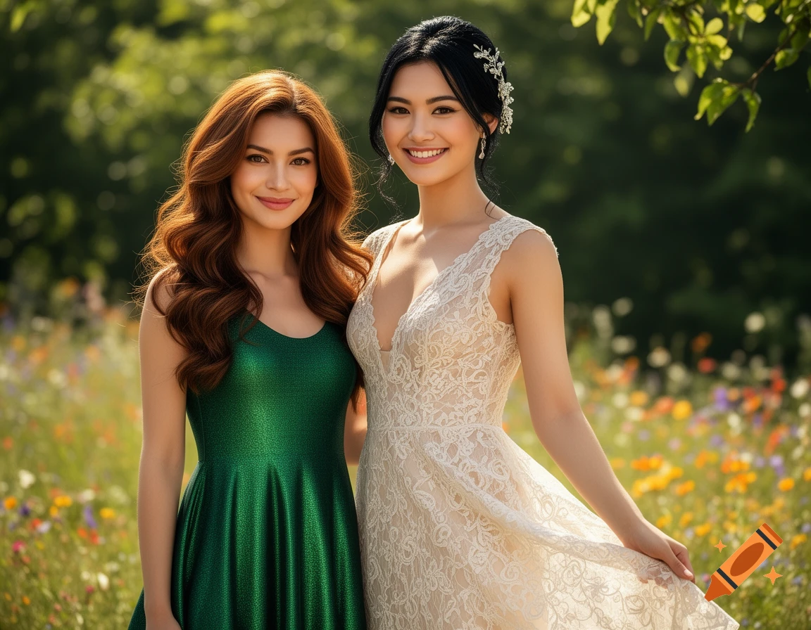 Two smiling women, one in a green dress and one in a white lace dress, pose in a sunny field of wildflowers.
