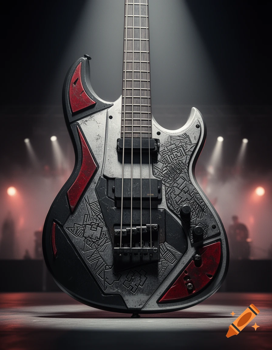 A custom-designed electric bass guitar with black, silver, and red elements featuring intricate patterns, stands center stage under spotlights.