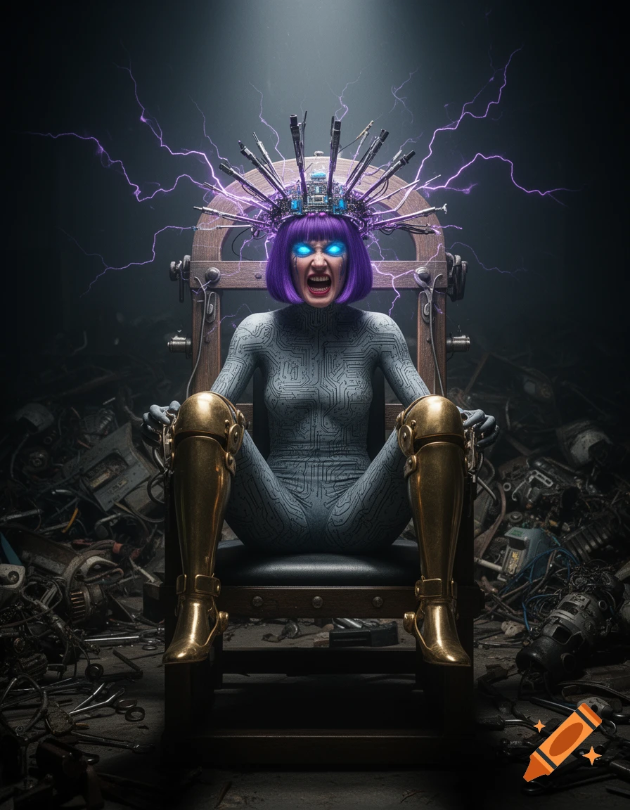 A photorealistic portrait of Anomaly Molli with purple hair, glowing eyes, in a circuit suit, strapped to a cybernetic torture chair amidst lightning and cyberware.