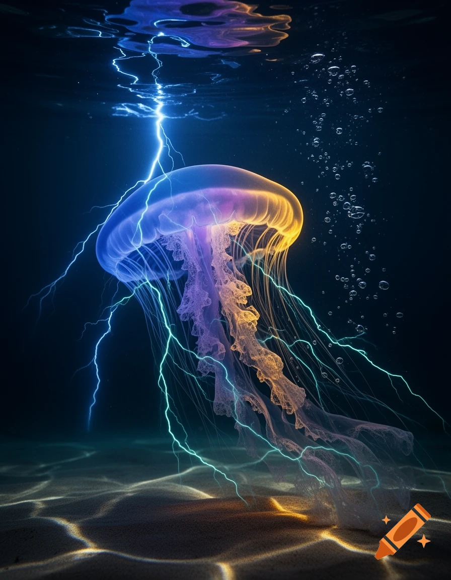 A glowing blue, purple, and yellowish jellyfish underwater, struck by blue lightning, with teal electrical threads emanating from it.