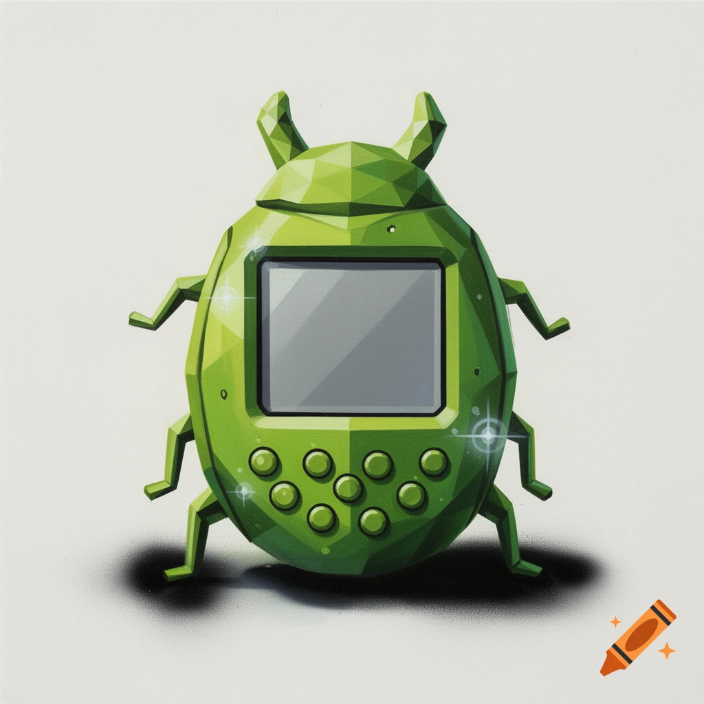 A stylized green low-poly beetle-shaped handheld electronic pet device with a blank screen and buttons, in an airbrushed painting style.