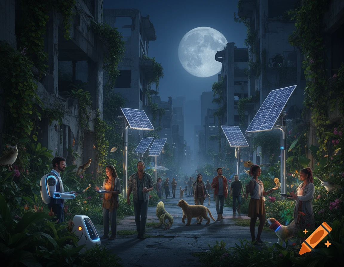 Photorealistic image of a solarpunk city street at night. People, animals, and robots coexist among overgrown ruins and solar-powered streetlights under a full moon.