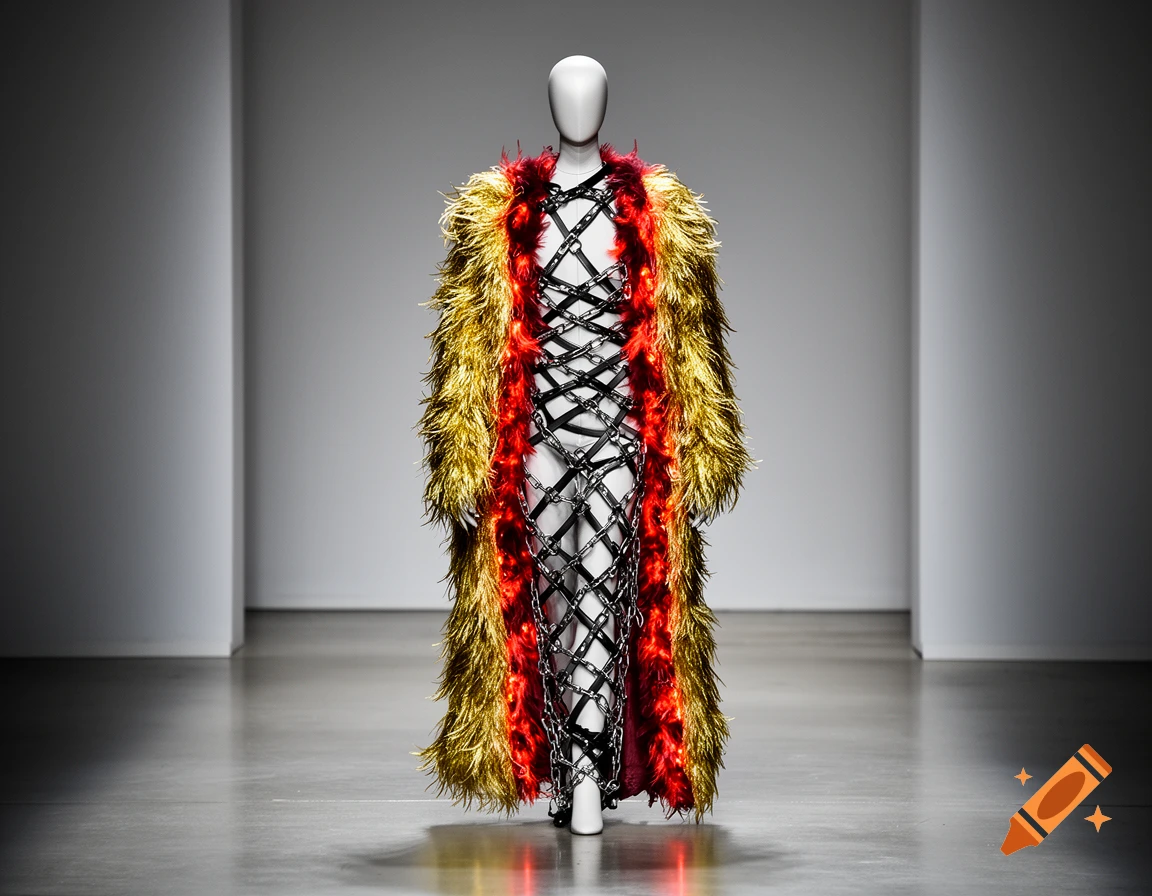 A mannequin on a runway wears a white strap and chain dress with a long, gold and red feathered coat.