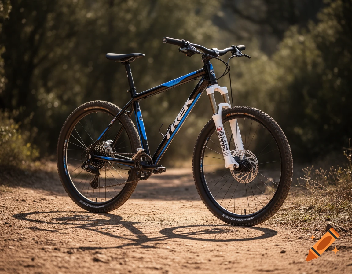 A black and blue Trek mountain bike with white forks stands on a sunlit dirt path amidst sparse greenery.
