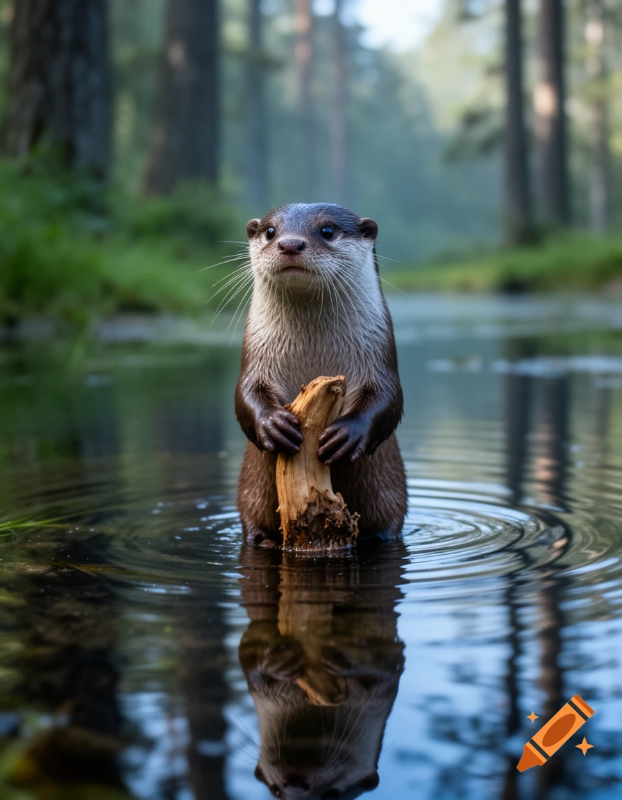 An otter stands in shallow water, holding a small log with its paws, in a forest setting.