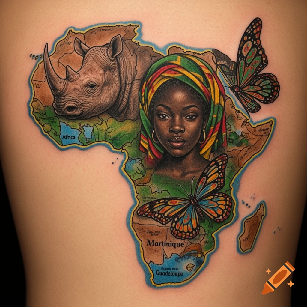 A vibrant tattoo featuring the map of Africa with a rhinoceros head, a Black woman in a headwrap, and butterflies, on skin.