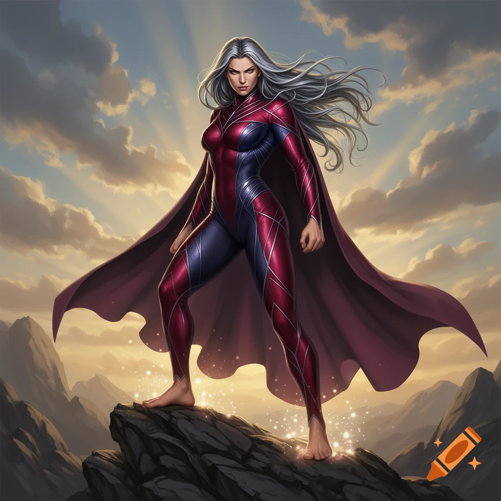 A powerful female superhero with silver hair, in a red and blue suit and purple cape, stands barefoot on a mountain peak under a dramatic sky.