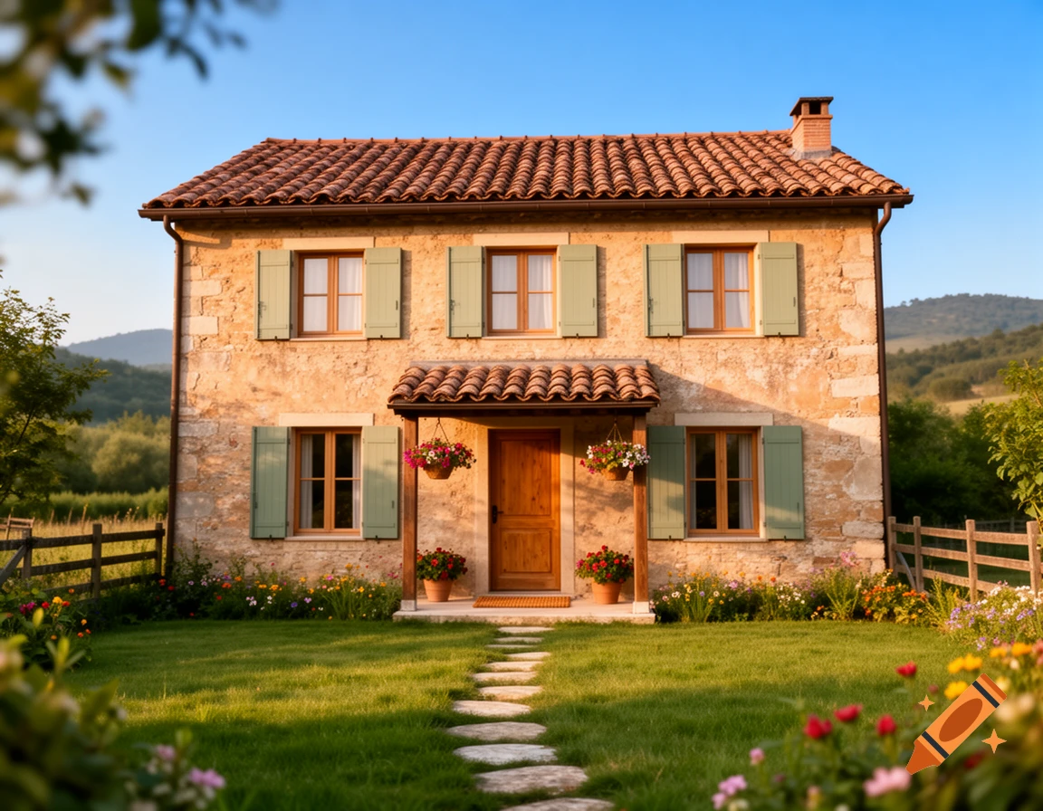 Photorealistic stone house with red tile roof, green shutters, and a wooden door. A flagstone path leads through a green lawn with flowers.