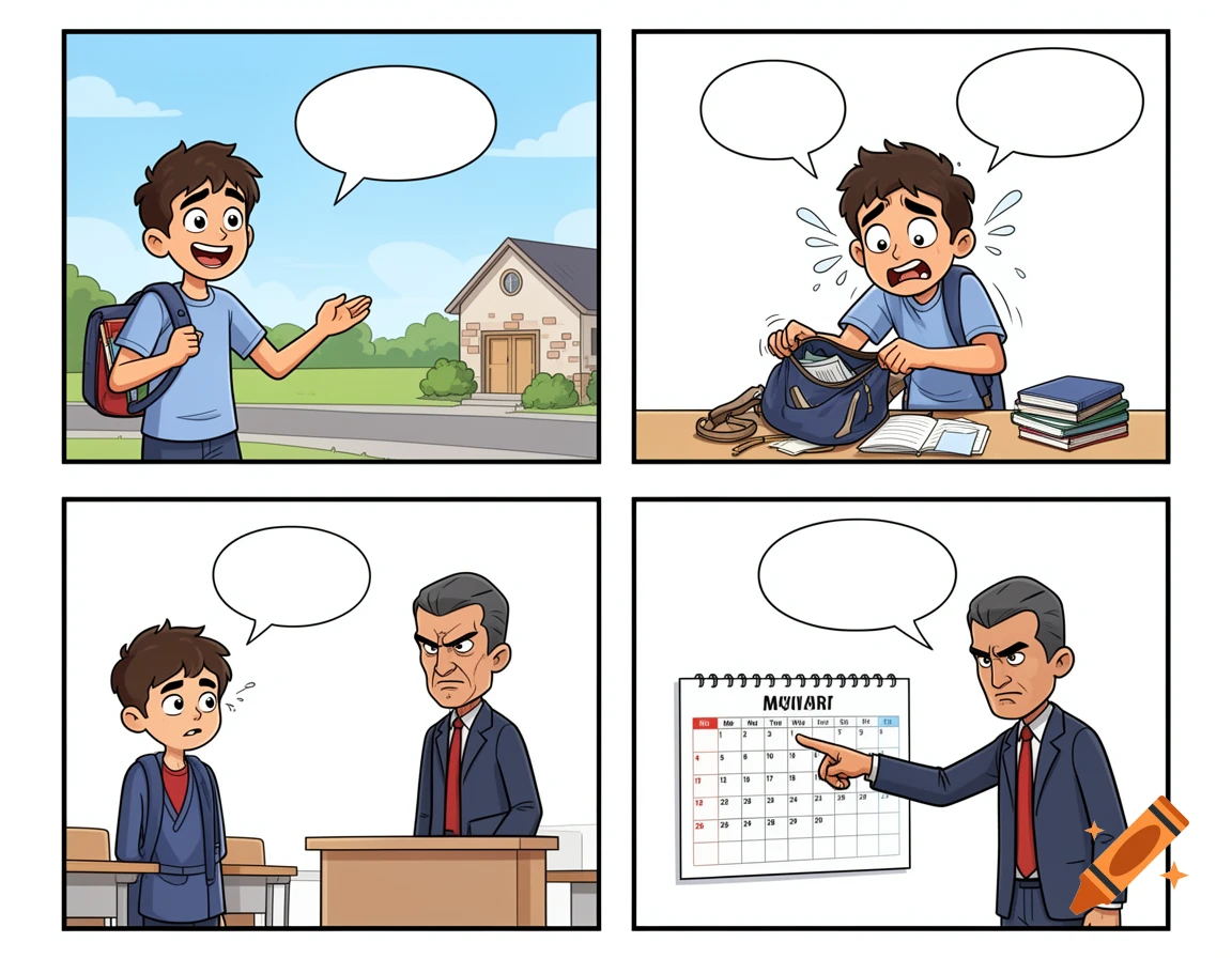 A four-panel comic strip showing a student's journey from happy, to distressed searching his bag, to facing a stern teacher who points at a calendar, in a flat vector cartoon style.