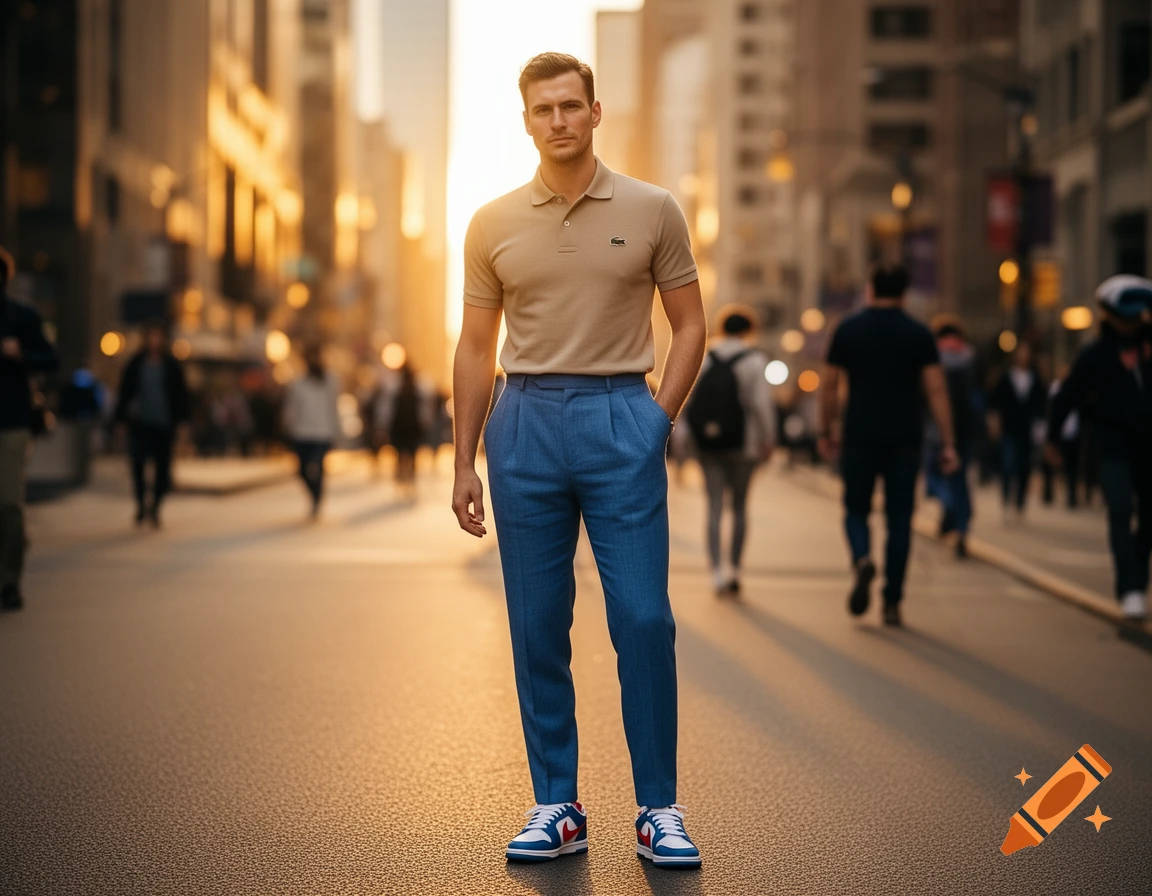 A man in a beige polo shirt, blue pleated pants, and blue and white Nike sneakers stands on a city street at sunset.