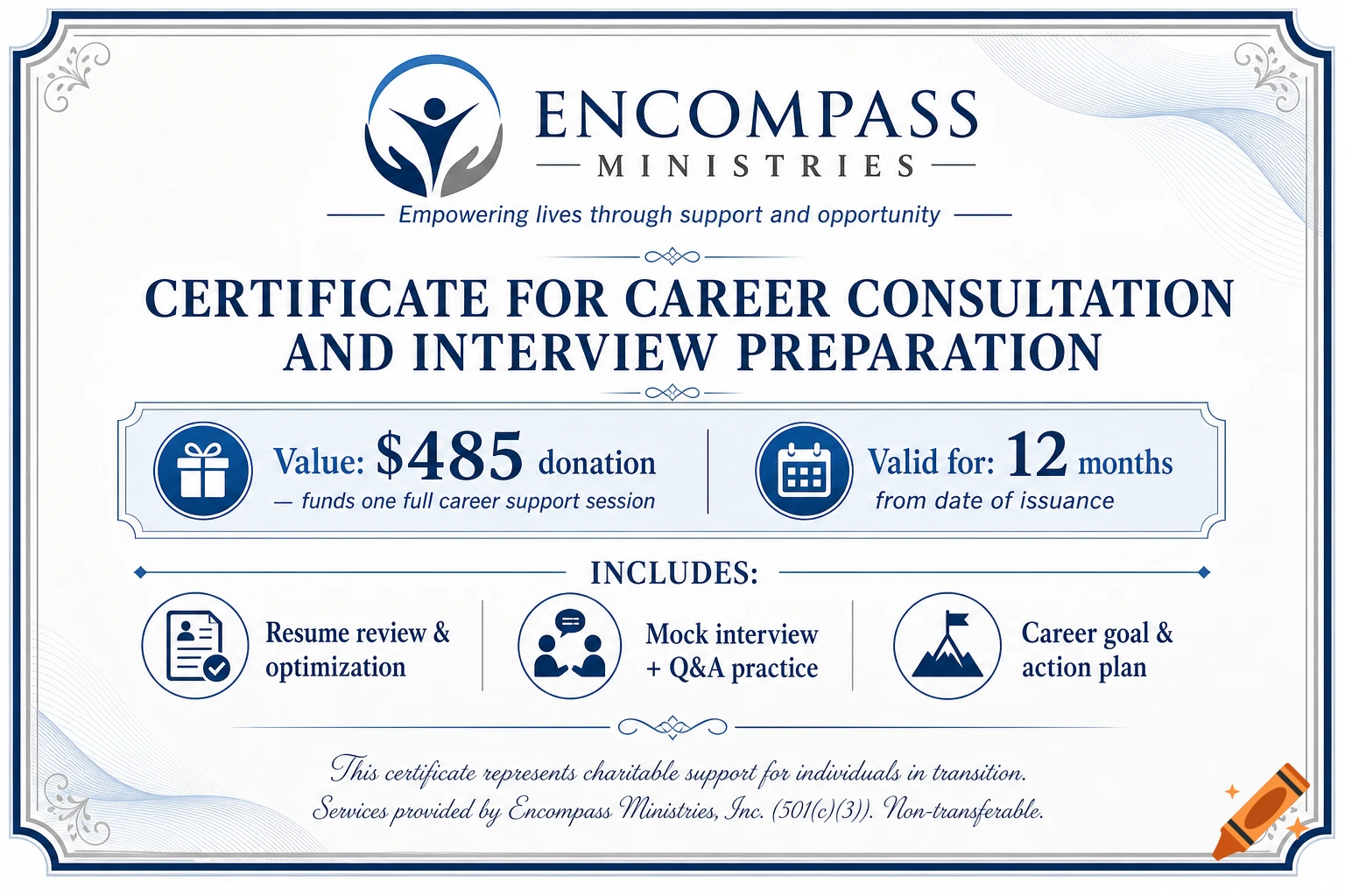A formal certificate from Encompass Ministries for career consultation and interview preparation, detailing services and validity.