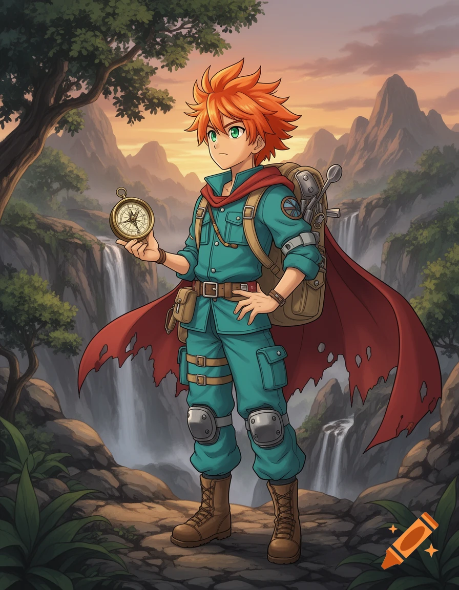A determined anime adventurer with orange hair holds a compass, standing before waterfalls and mountains at sunset.