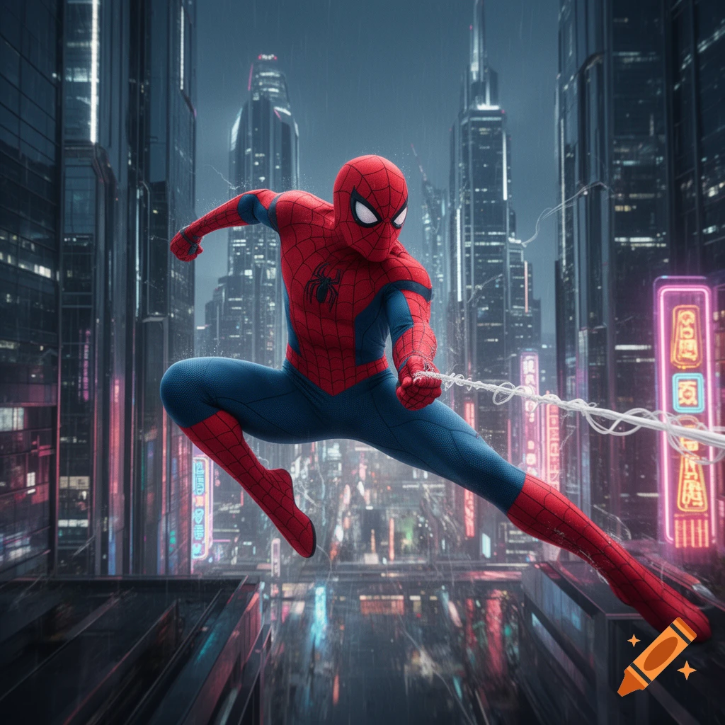 Spider-Man in his iconic red and blue suit leaps dynamically through a futuristic city at night, with neon lights in the background.