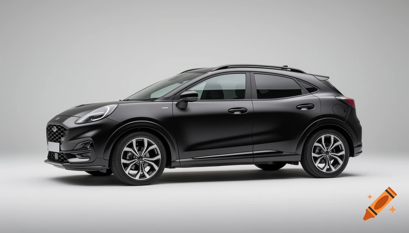 A matte black Ford Puma ST-Line X compact SUV is viewed from the side profile under studio lighting.