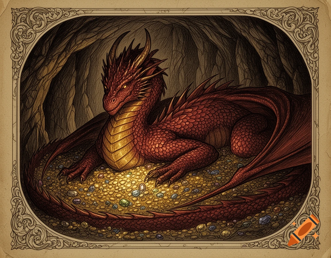 A red dragon rests on a treasure hoard within a cave, depicted in an old drawing style with an ornate border.
