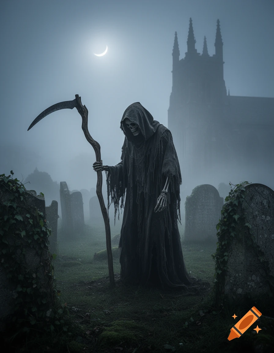 The Grim Reaper, shrouded in black, stands with a scythe in a foggy cemetery under a crescent moon, with a gothic church in the background.