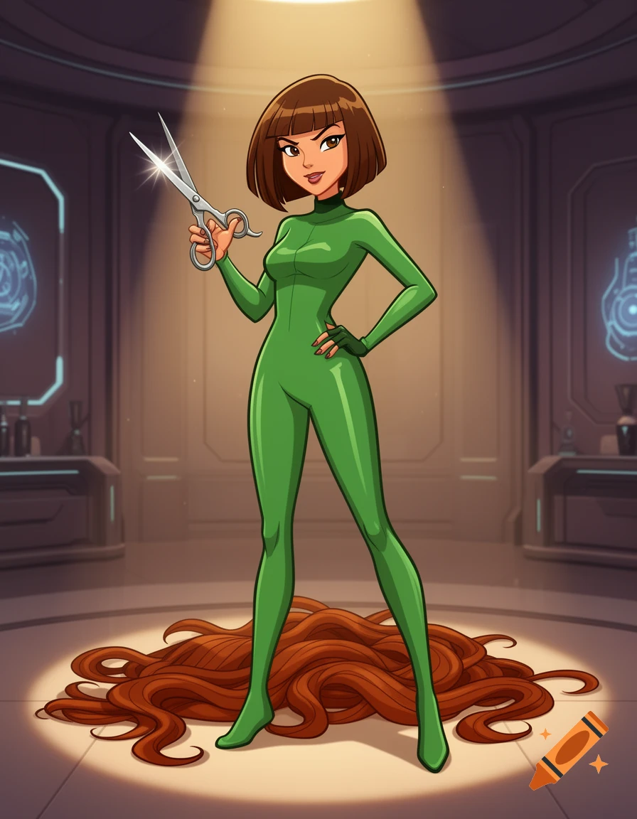 Cartoon woman in a green catsuit with a bob haircut holds scissors, standing over a pile of cut long hair.