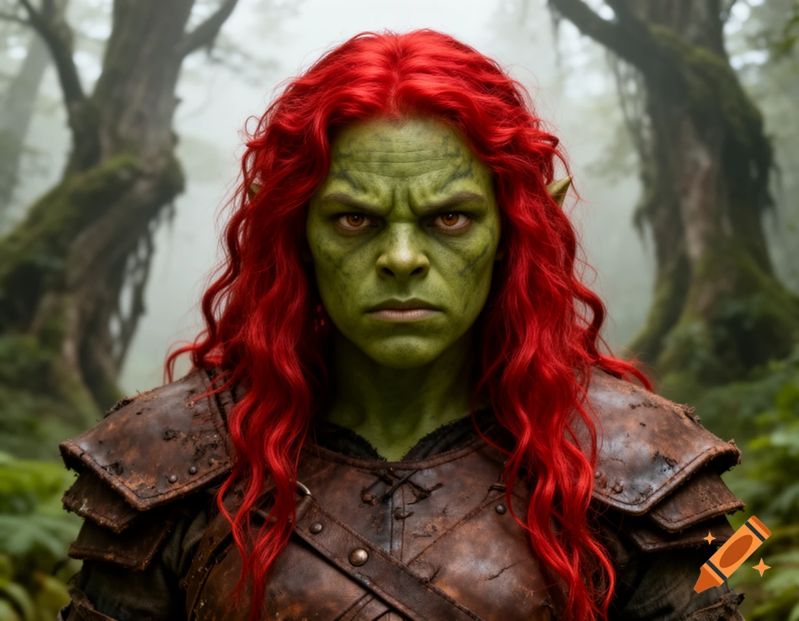 Photorealistic portrait of a female orc with green skin, long red hair, and leather armor, staring intensely in a foggy forest.